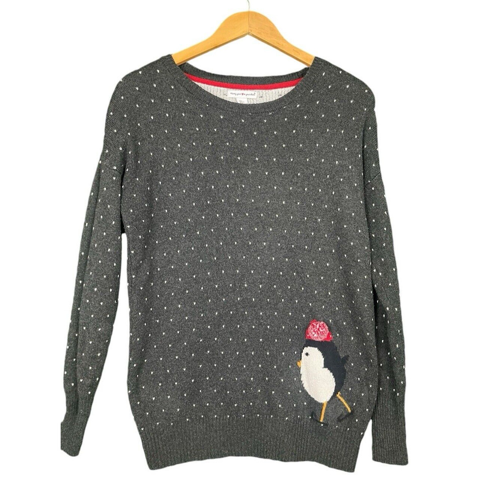 Wearing Your Heart On Your Sleeve Sweater Women Size L Gray Hearts and Penguin